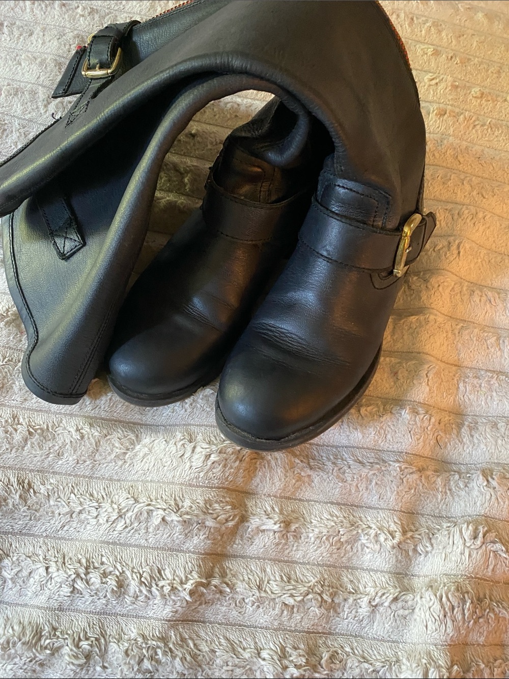 Navy Blue Leather Mid-Calf Boots with Red Zip and Gold Buckles Riding Boots - Picture 3 of 6